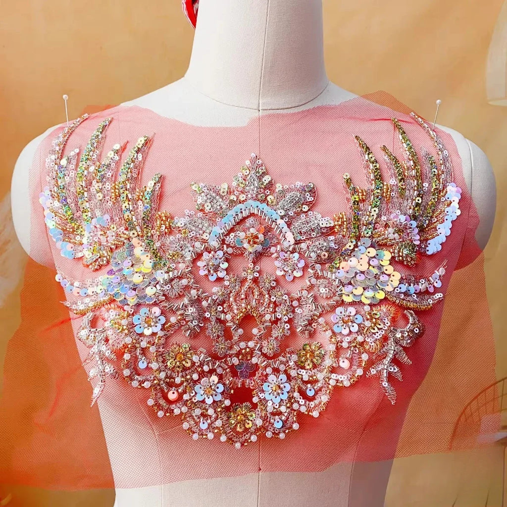 Champagne gold fish scale sequins bead embroidery lace wedding dress evening gown stage costume DIY sewing accessories