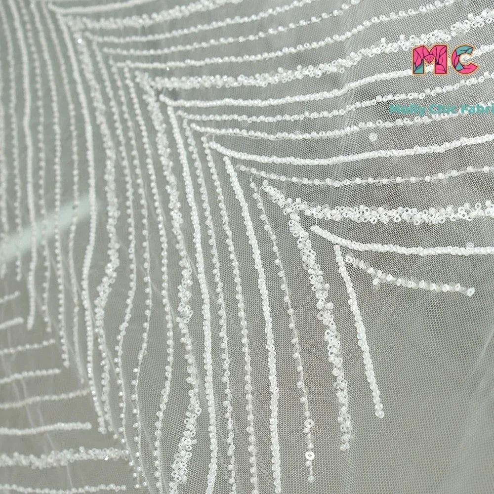 New Feather Pattern Bead Embroidery Mesh Fabric Sewing Wedding Dress And Evening Dress DIY High End Customized Clothing Fabric