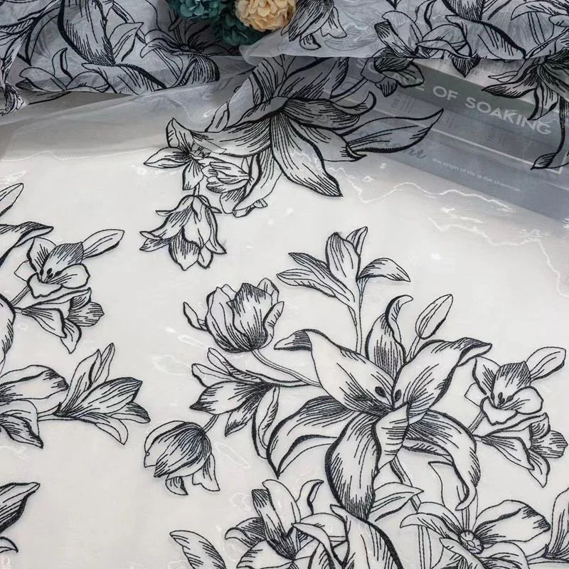 White Lily Embroidered Chiffon Lace Fabric - Elegant Material 130cm