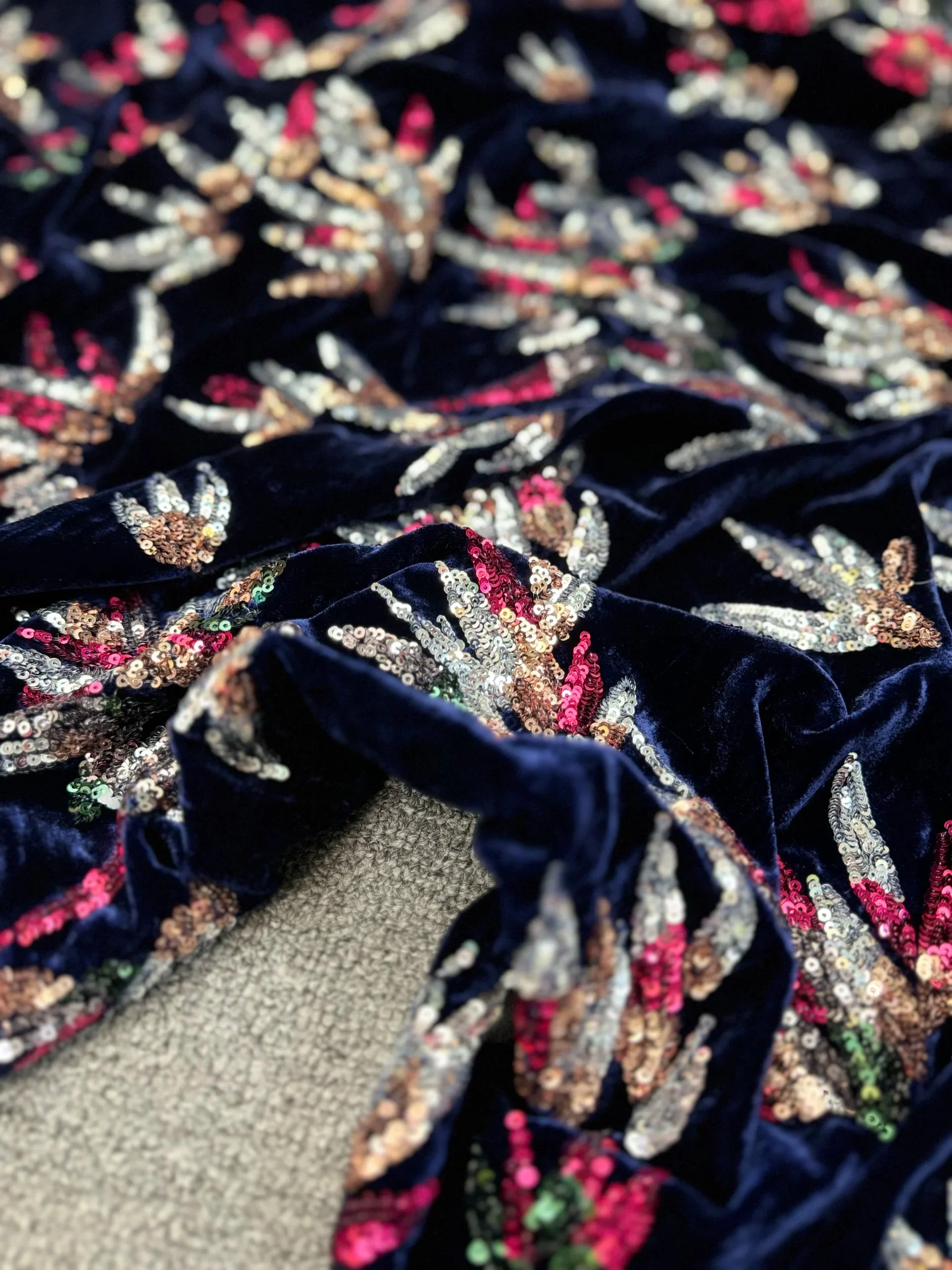 Luxury Pearl Embroidered Velvet Sequin Fabric - Designer Material 130cm Wide