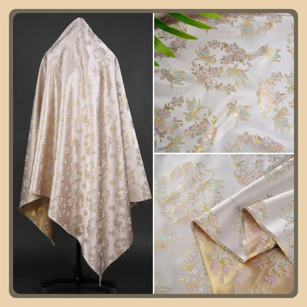 قماش جاكار حريري مطلي بالذهب الوردي الفاتح - نقشة زهرة سمكة ذهبية