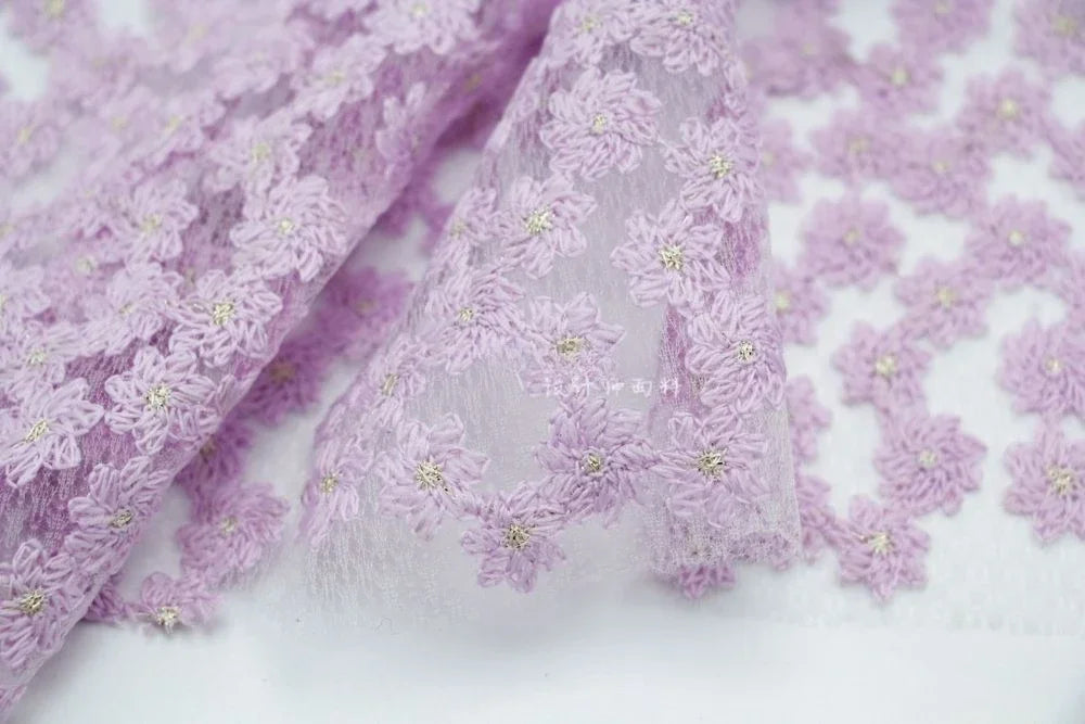 Violet Orchid Star Net Fabric With Gold Silk Thread Purple Rose Embroidered Lace Fabric For Dress DIY Cheongsam Gown Decoration