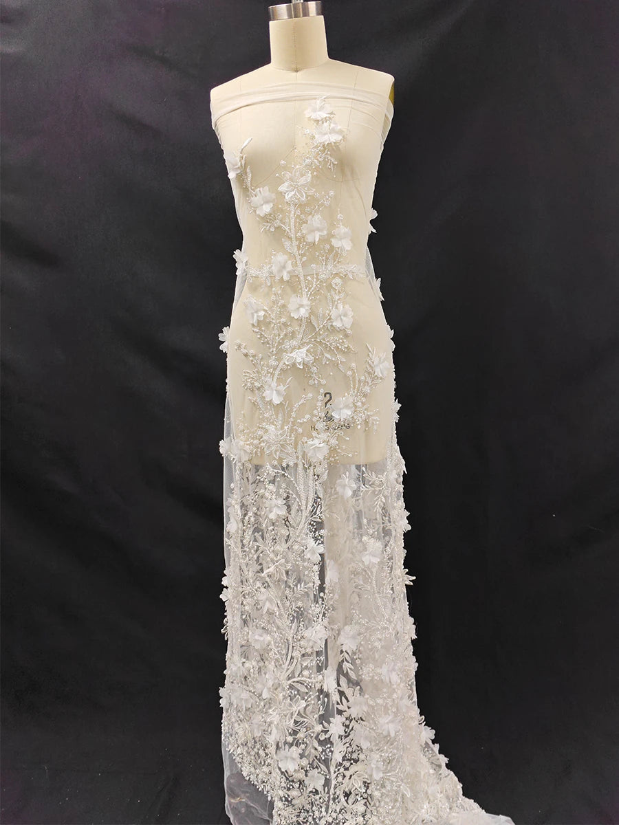 Tela con bordado de encaje, para vestido de novia, velo, cortina de puerta, mantel, con cuentas de perlas y flores de hoja nueva