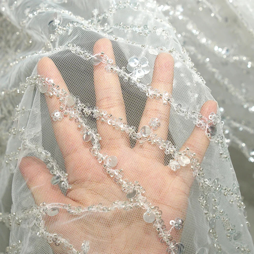 Luxury Sequin Beaded Lace Mesh Fabric Shiny Silver Embroidery Tulle for Wedding Dress Gown Costume DIY Couture Craft
