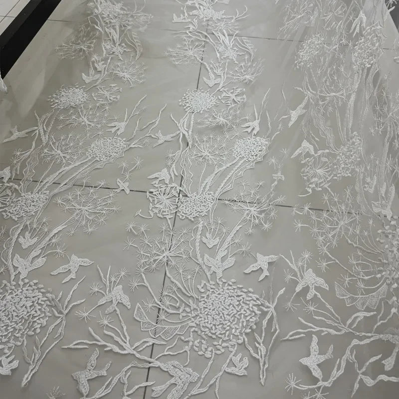 New Style Fresh Characteristic Polyester Thread Bird Pattern Lace Embroidery Sheer Gauze Fabric DIY Wedding Dress Formal Wear