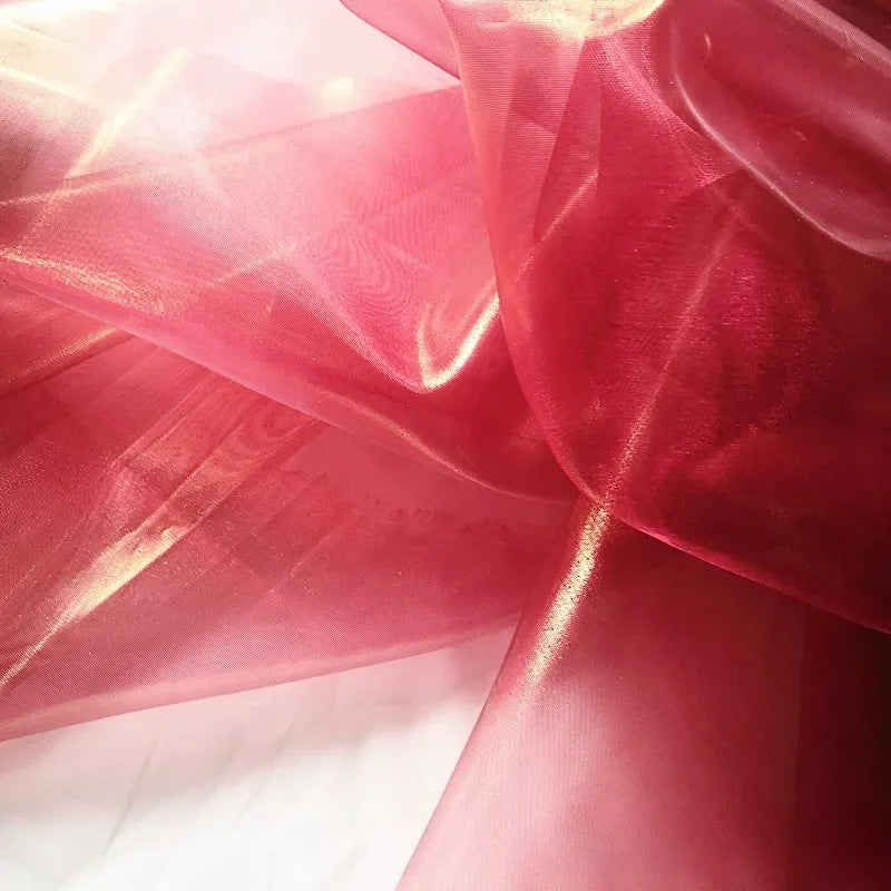 Mermaid Like Transparent Blue And Gold Full Plate Hot Stamping Fine Thread Organza Fabric Is Used For Handmade Of Party Costumes