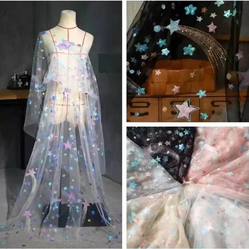 1.5M Wide Star Iridescent Sequin Embroidery Mesh Sewing Children's Clothing Shawl DIY Curtain Designer Fabric
