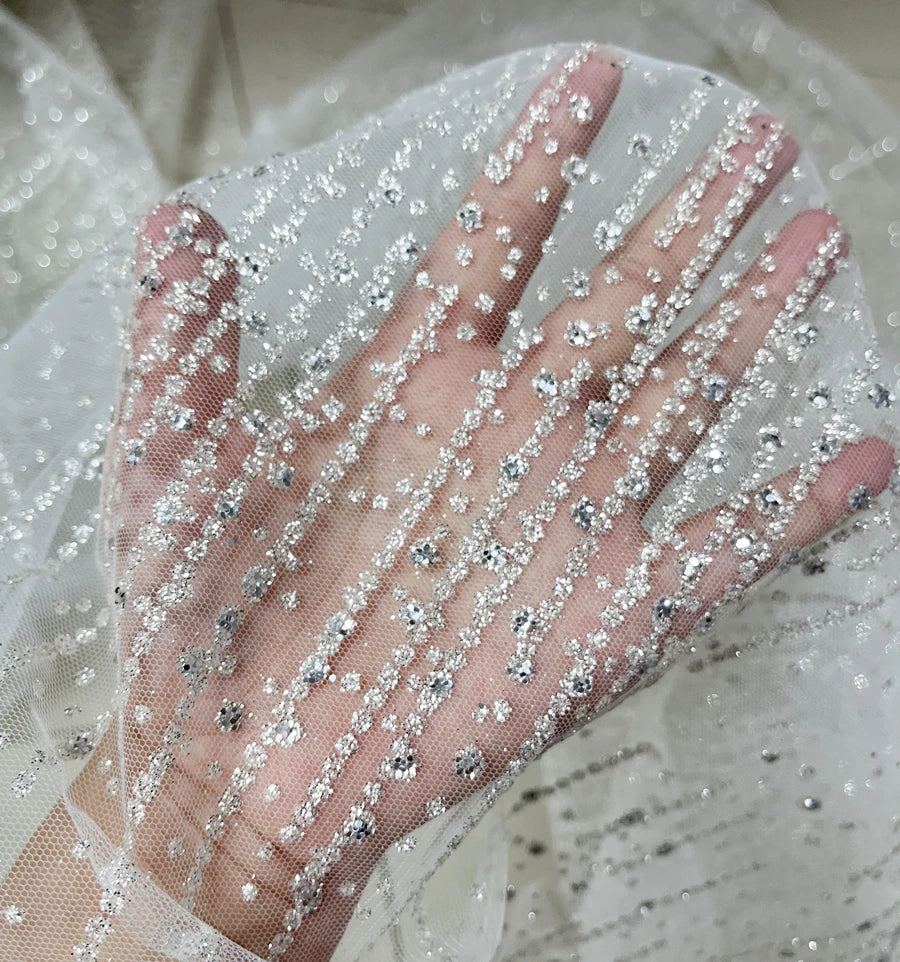 Vertical stripe spray silver hot stamping shiny powder hot stamping sequin lace wedding dress fabric