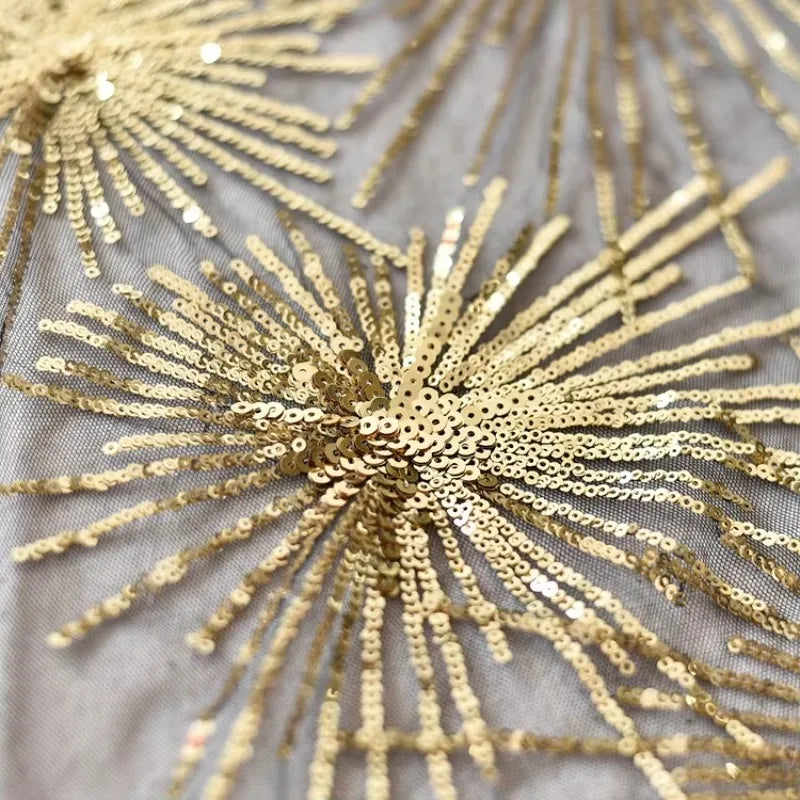 White Embroidered Gold Sequin Lace Fabric for Wedding Dresses Clothing Home Decoration Handmade Accessories