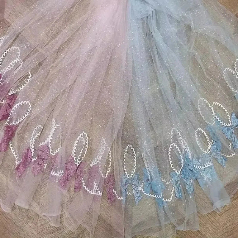 New shining offset-printed bow pattern mesh fabric sewing children's evening dress hem decoration diy lace fabric