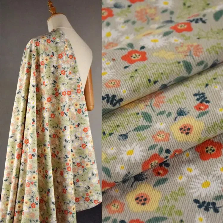 Colorful Corduroy Printed Fabric - Fresh Floral Striped Velvet 145cm