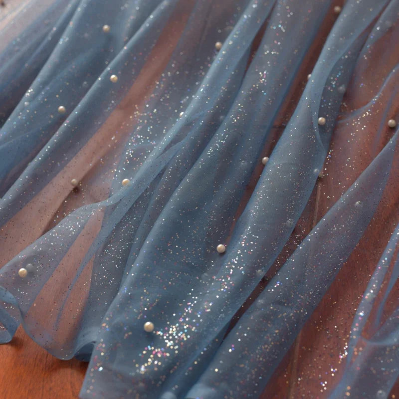 غزل سماء مرصعة بالنجوم متدرج الألوان، ختم ساخن، رش مسحوق، نسيج شبكي لامع ذهبي، غزل شفاف، قماش فستان، قماش