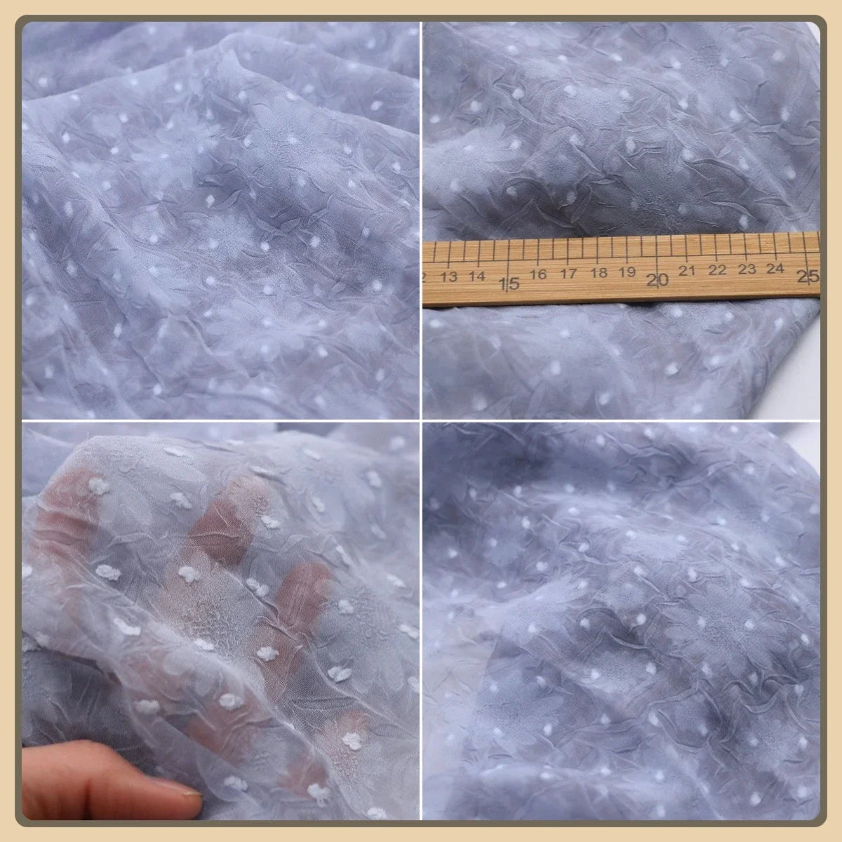 Tela de gasa jacquard con estampado de margaritas en gris claro y lunares afelpados, material floral tridimensional de verano para vestidos y blusas.