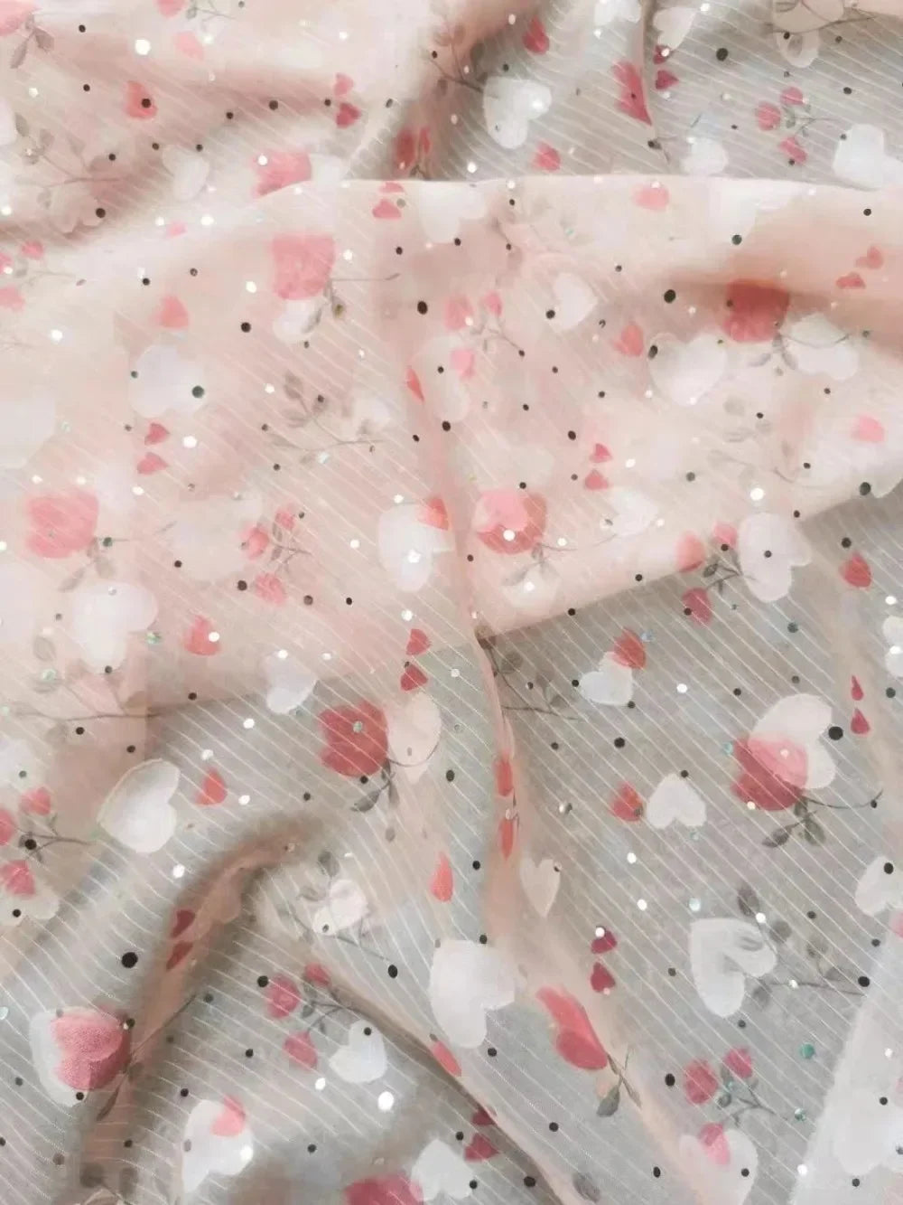 Pink Gold Embroidered Chiffon Fabric Small Floral Lace Hanfu Style Material for Half Length Dress Costume Blouse DIY Sewing