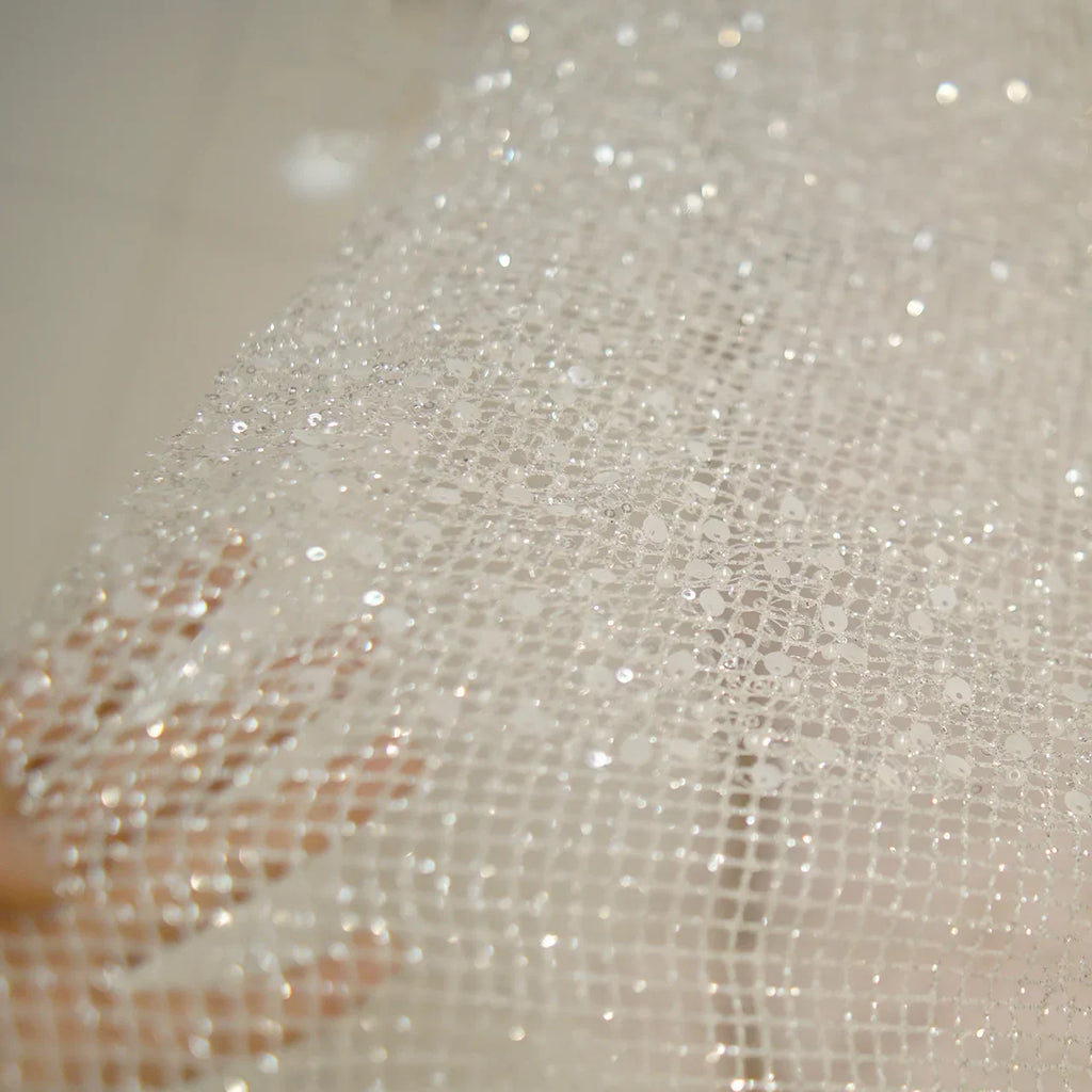 White Glitter Sequin Mesh Fabric for Bridal and Evening Gowns