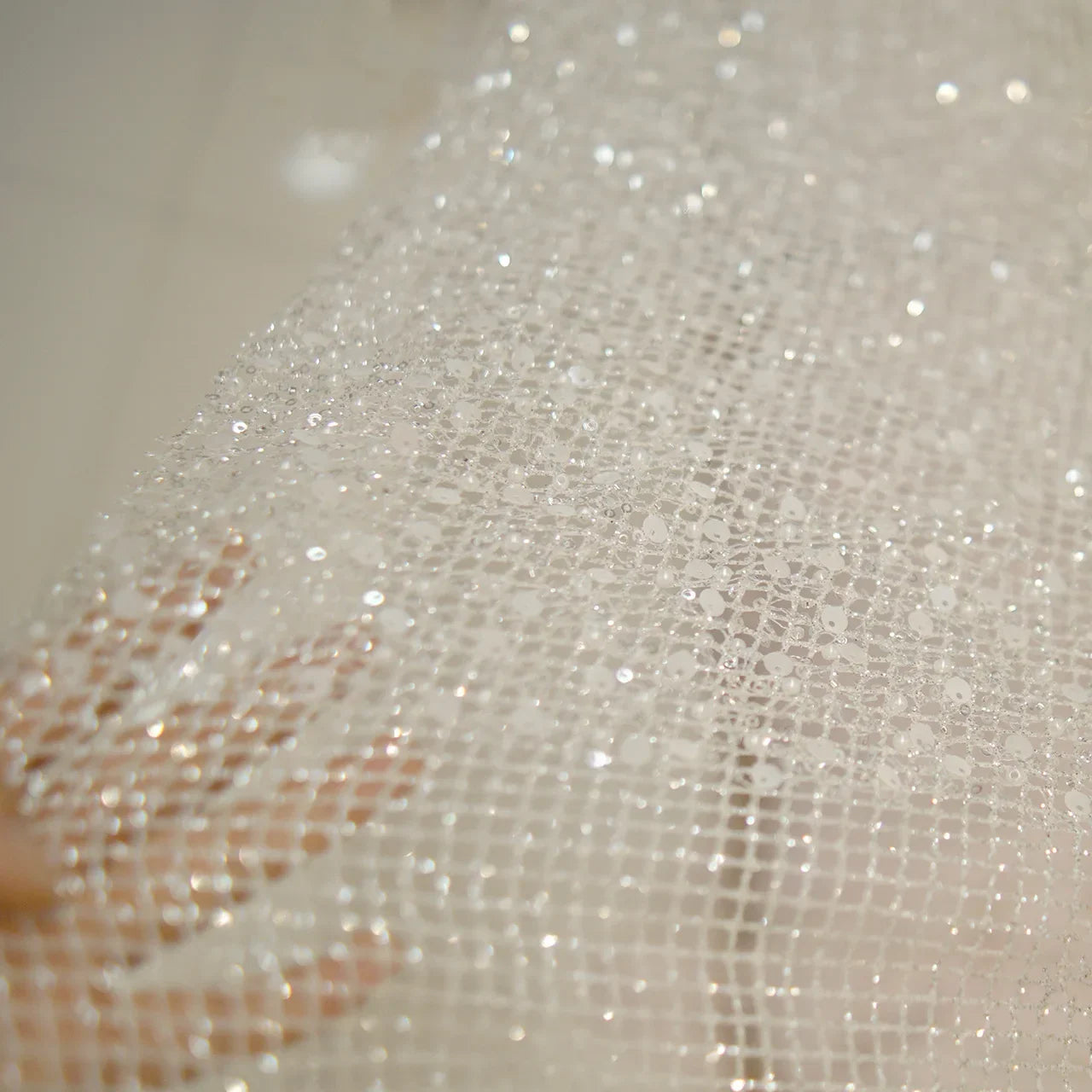 White Sequin Mesh Fabric - Elegant Sparkling Net Material