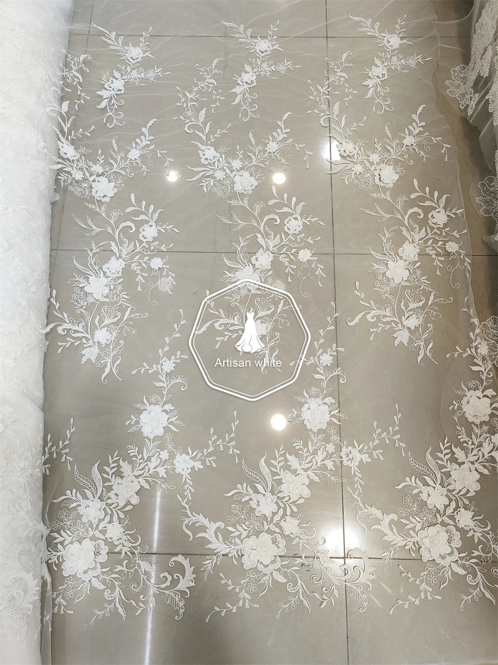 Tela de encaje con lentejuelas y flores tridimensionales 3D, hecha a mano, para vestido de novia, falda, accesorios de bricolaje hechos a mano