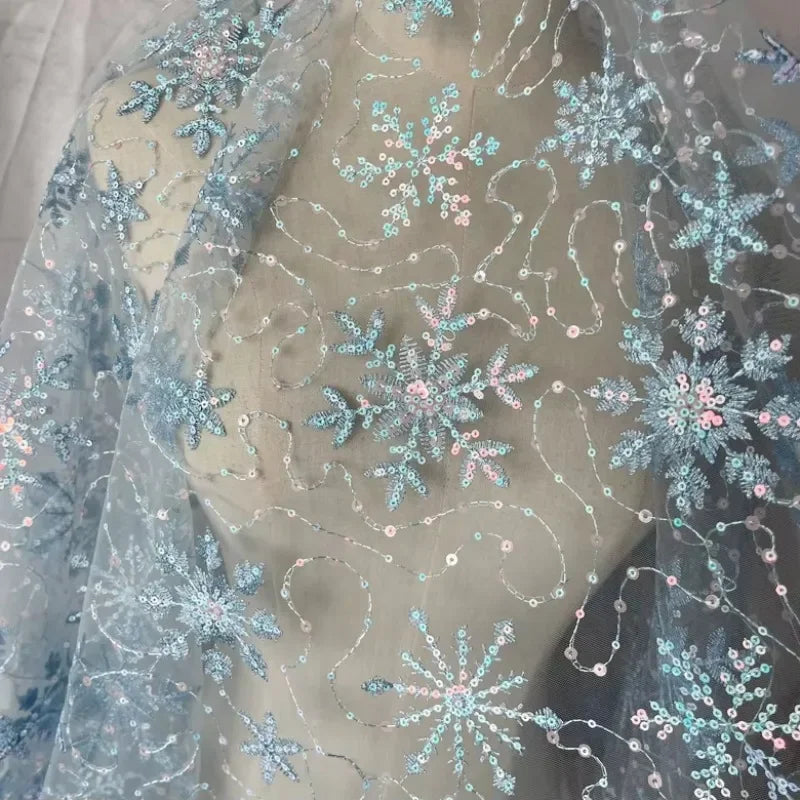 Blue Mesh Embroidery Snowflake Sequin Fabric - Children's Material 130cm