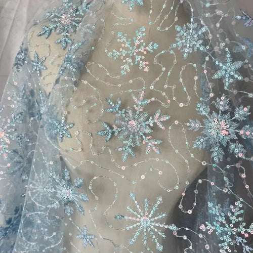 Blue Mesh Embroidery Snowflake Sequin Fabric - Children's Material 130cm - fabric photo 1