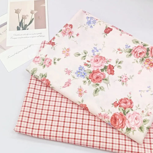 100% Cotton Plain Weave Floral Check Fabric - Country Style Material