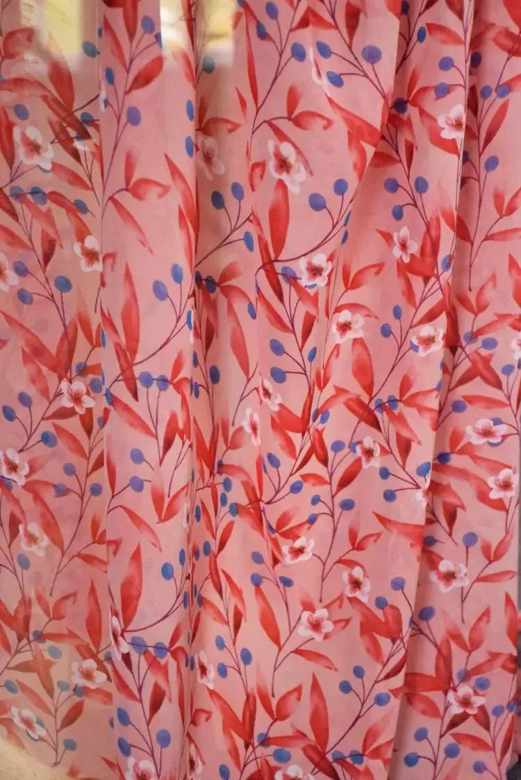 High-End Chiffon Fabric Deep Pink Blue Berry Floral Print For Girls Cheongsam Dress Thin Soft Material For Clothing