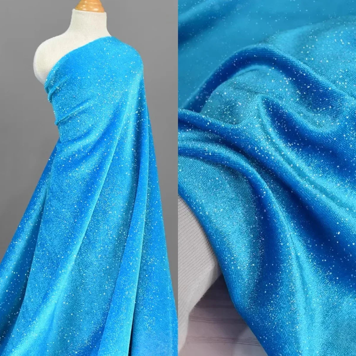 Lake Blue Four Sided Elastic Sparkling Gold Velvet Fabric - Luxurious Material 150cm