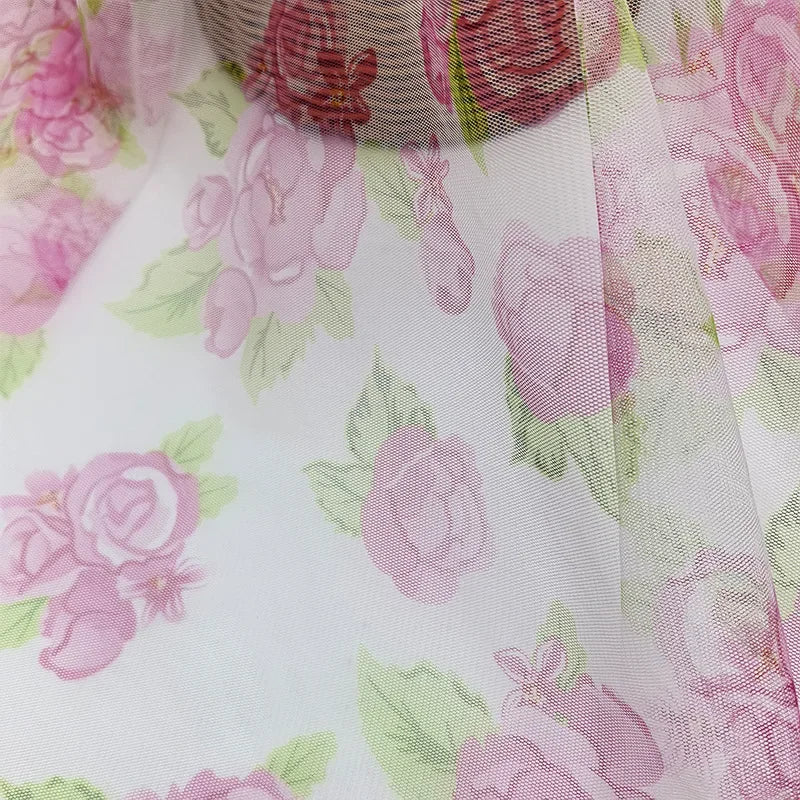 Peony Flower Pattern Hexagonal Mesh Digital Prints Mesh Fabric In Red And Green For Cape Skirts Children's Clothing And Home Use