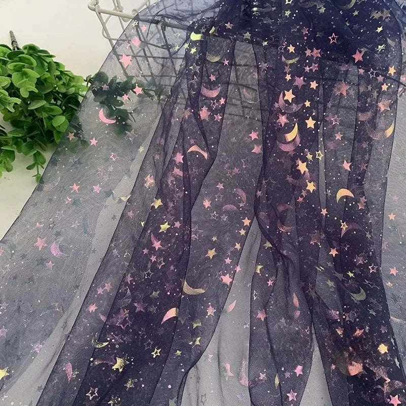 Dreamy Mesh Fabric For Children In Princess Style With Colored Star And Moon Printed Pattern Suitable For Wedding Dress Designer