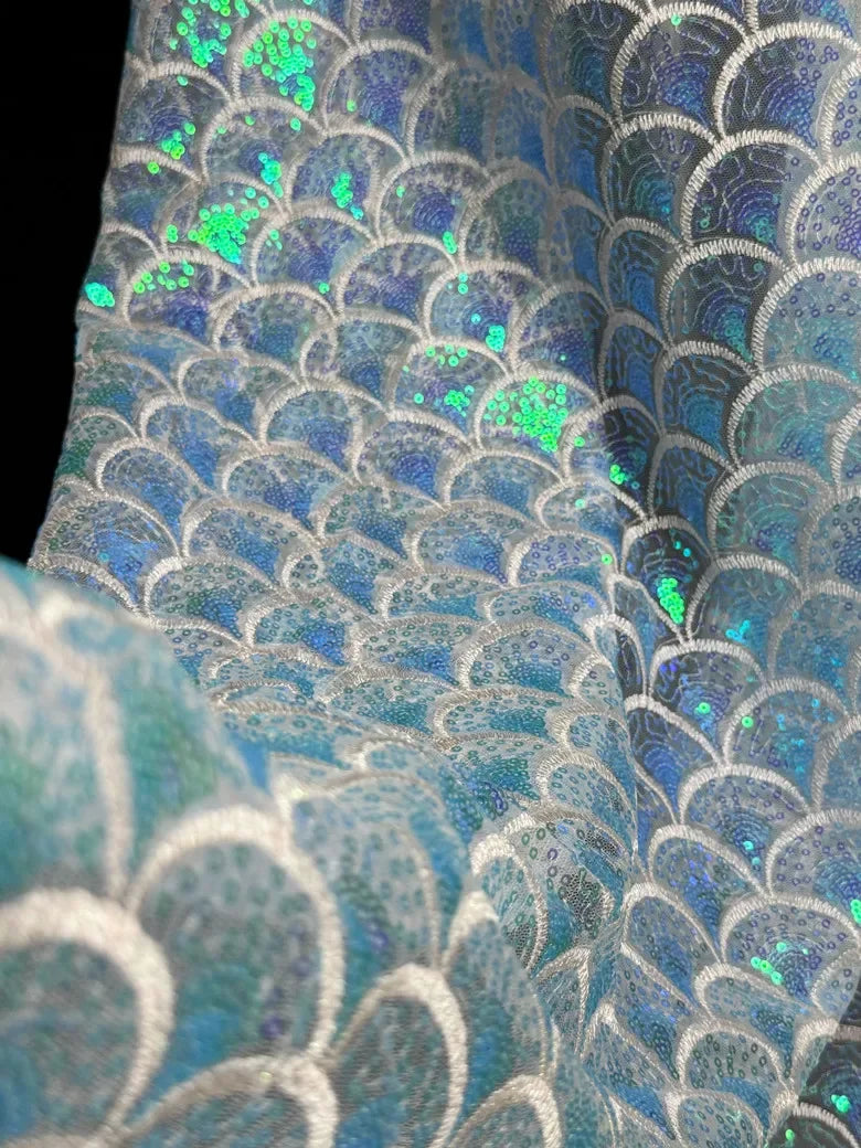 Iridescent Mermaid Sequin Embroidery Mesh Fabric Holographic Fish Scale Sheer Textile For Fantasy Dress Stage Costume DIY
