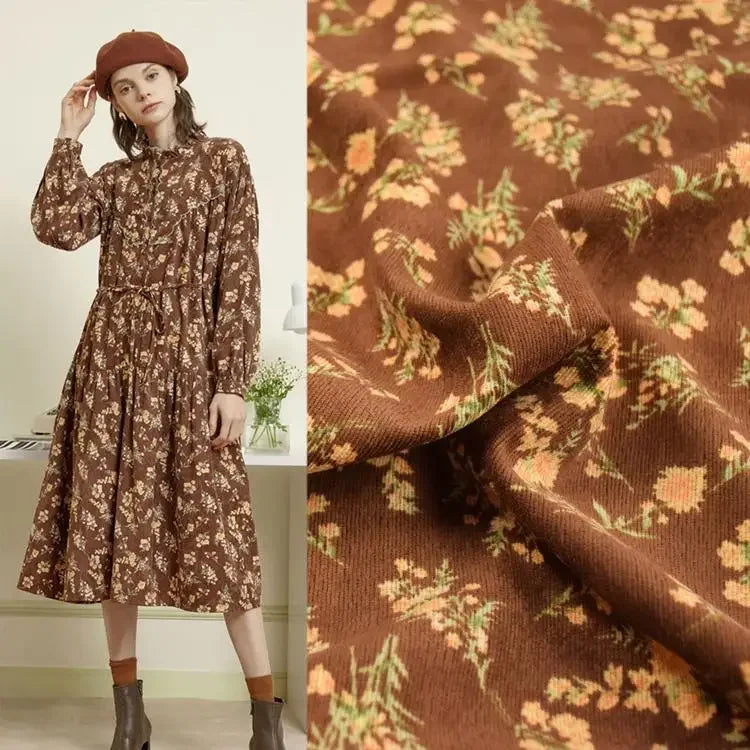 Colorful Corduroy Printed Fabric - Fresh Floral Striped Velvet 145cm