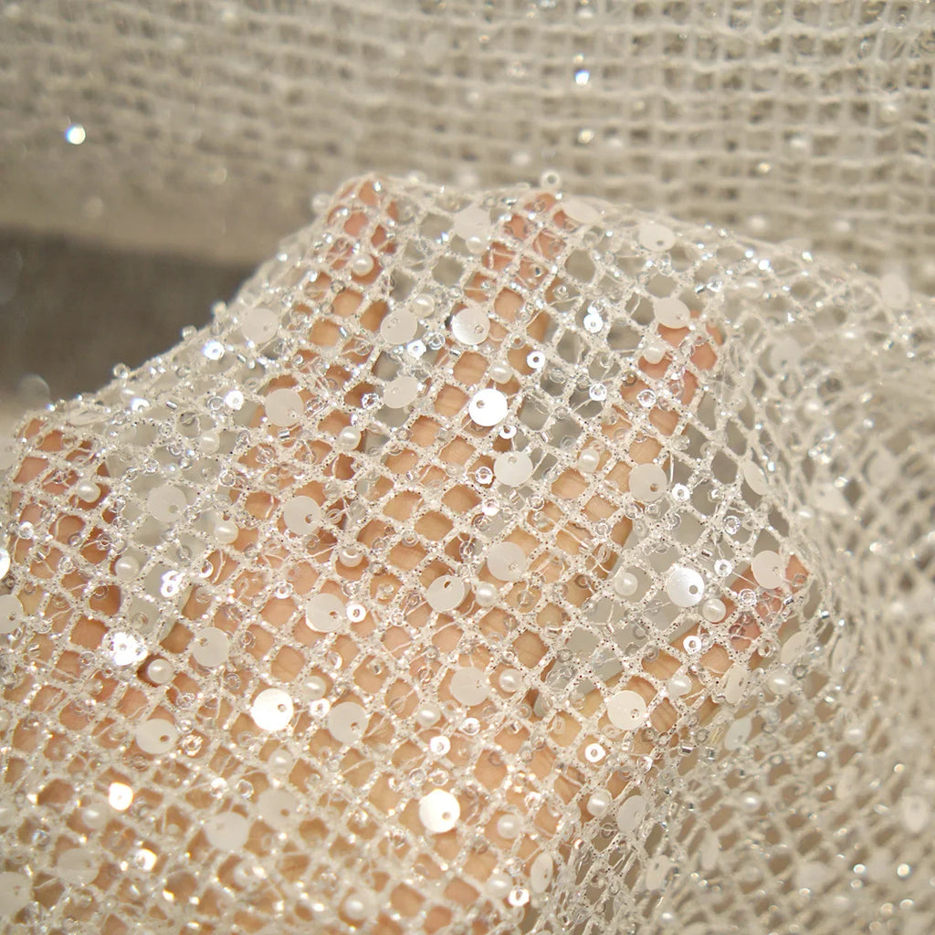 White Glitter Sequin Mesh Fabric for Bridal and Evening Gowns