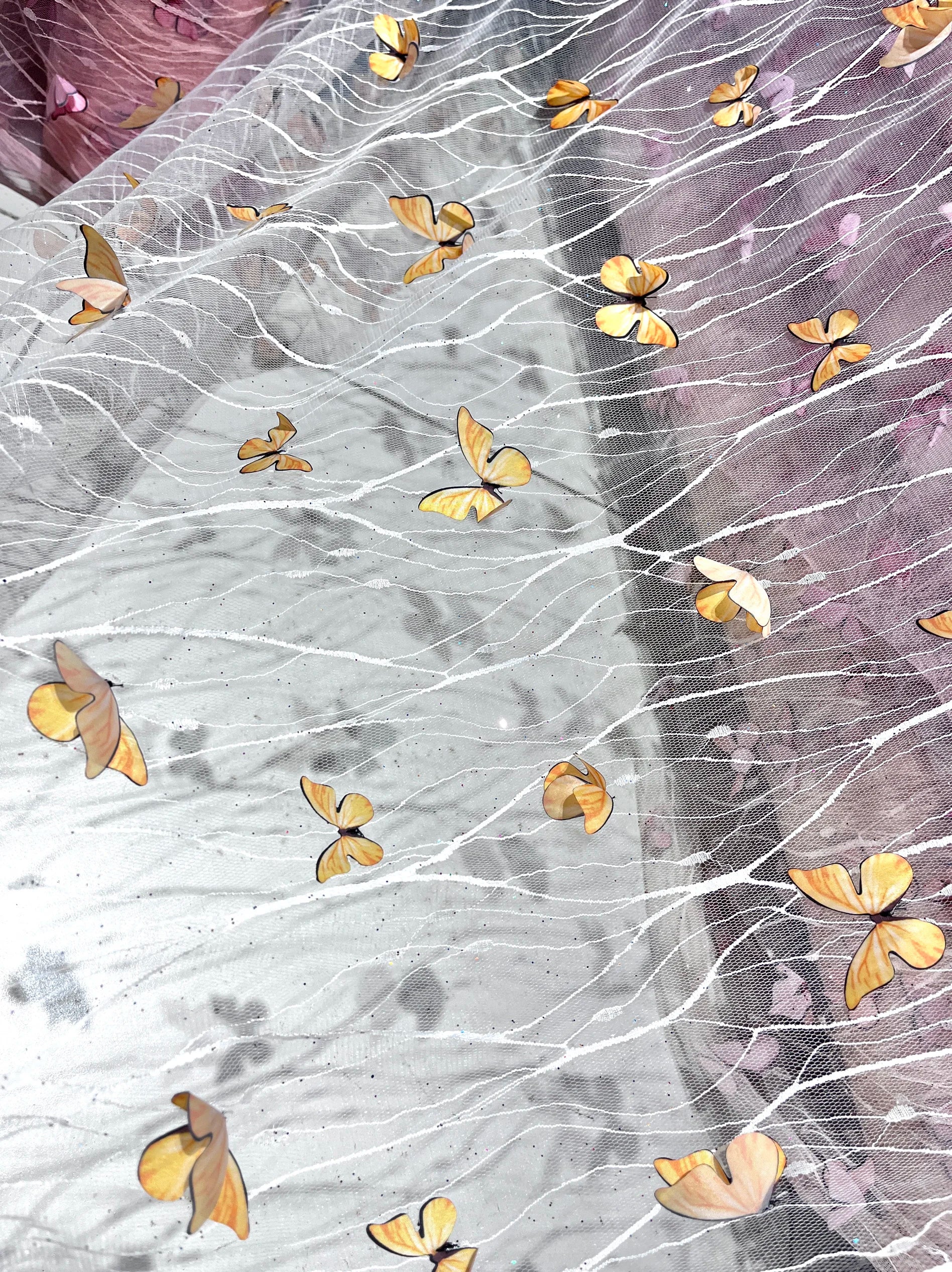 قماش شبكي مطرز ثلاثي الأبعاد بنقوش الفراشات لفساتين الزفاف، قماش زخرفي للخلفية للملابس الرسمية