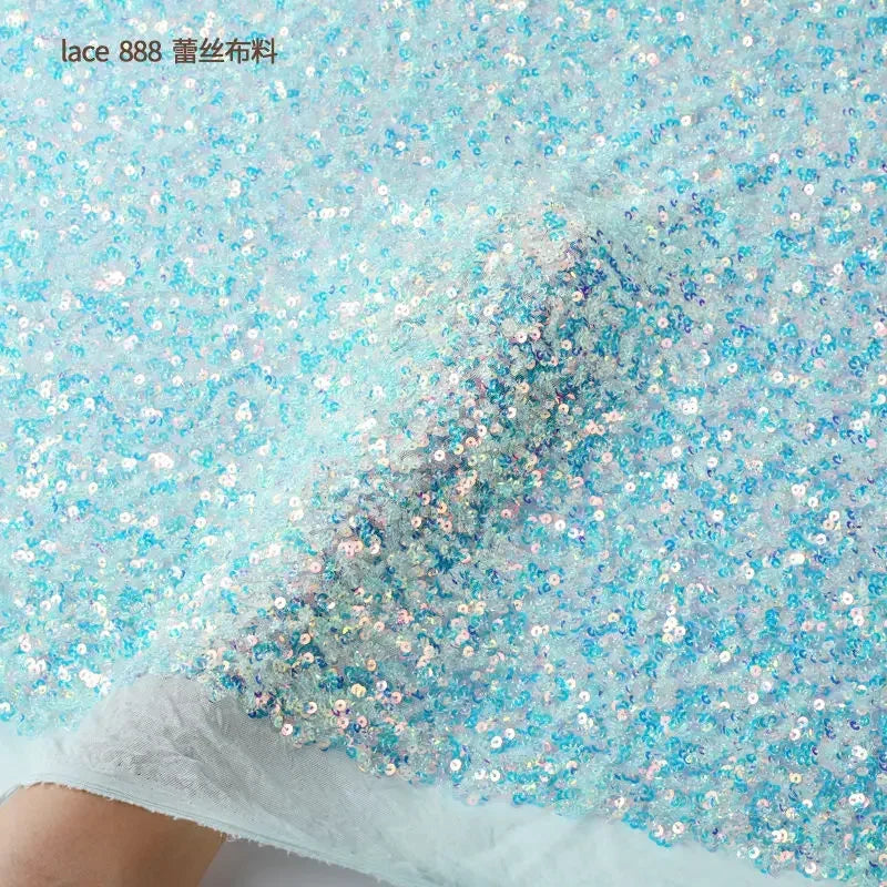 Shiny Encryption 5mm Sequin Elastic Mesh Bead Fabric Sewn Wedding Dress Evening Gown Stage Costume Fabric White Purple Black