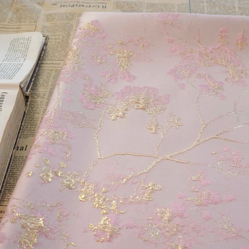 Pink Gold Embossed Elegant Girly Dress Fabric Slightly Elastic Jacquard for Women's Coat Home Decoration Bouquet 1 Meter