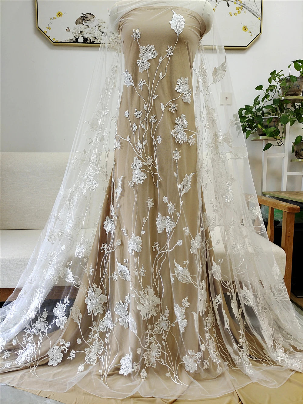 Flores de tela de encaje, vestidos de novia, vestidos de novia, tocados, cortinas de lentejuelas bordadas DIY, ramas de encaje cheongsam