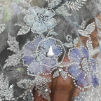 Tela de encaje bordado floral 3D de lujo con cuentas y lentejuelas para vestido de novia o de noche.