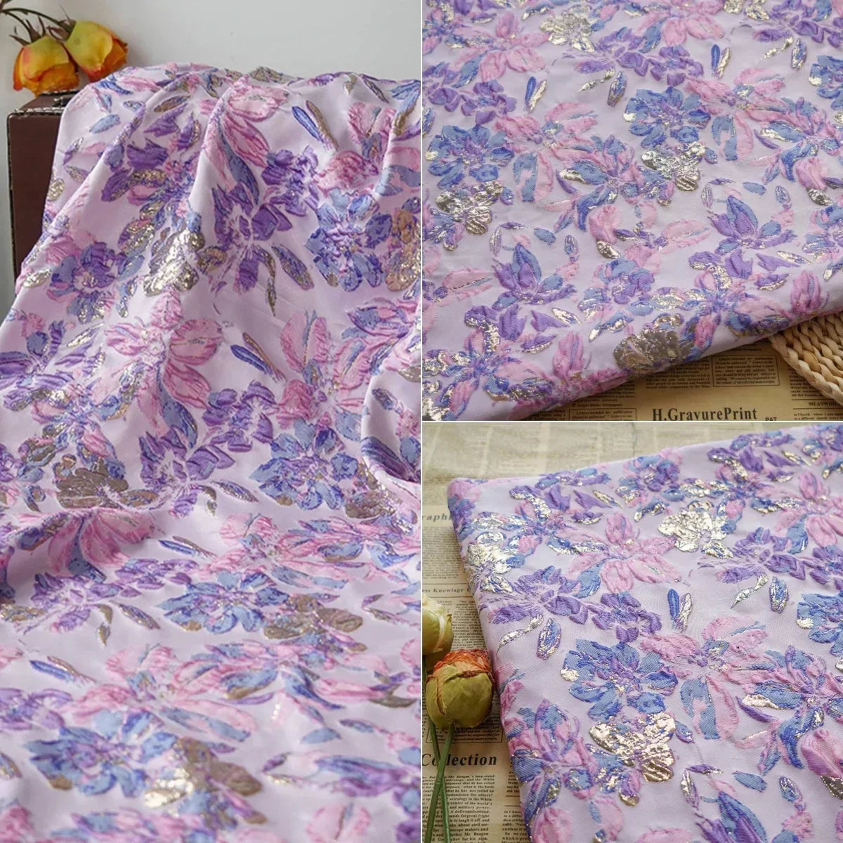 Pink Purple Relief Gold Thread Floral Jacquard - Dress Vest Skirt Formal Fabric
