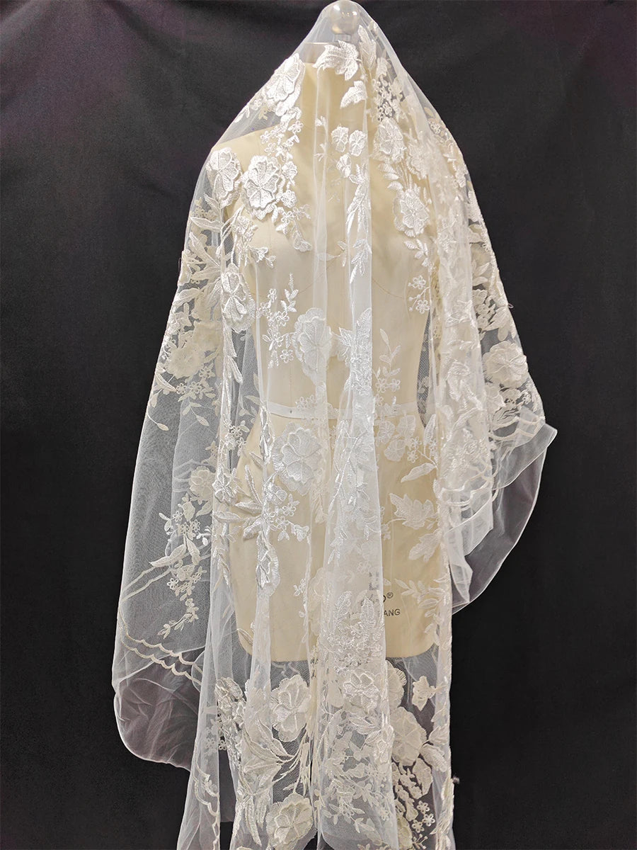 Vestido de novia, vestido de noche, pañuelo para la cabeza, tela de malla, bordado de flores, encaje, hecho a mano, tela de diseñador DIY