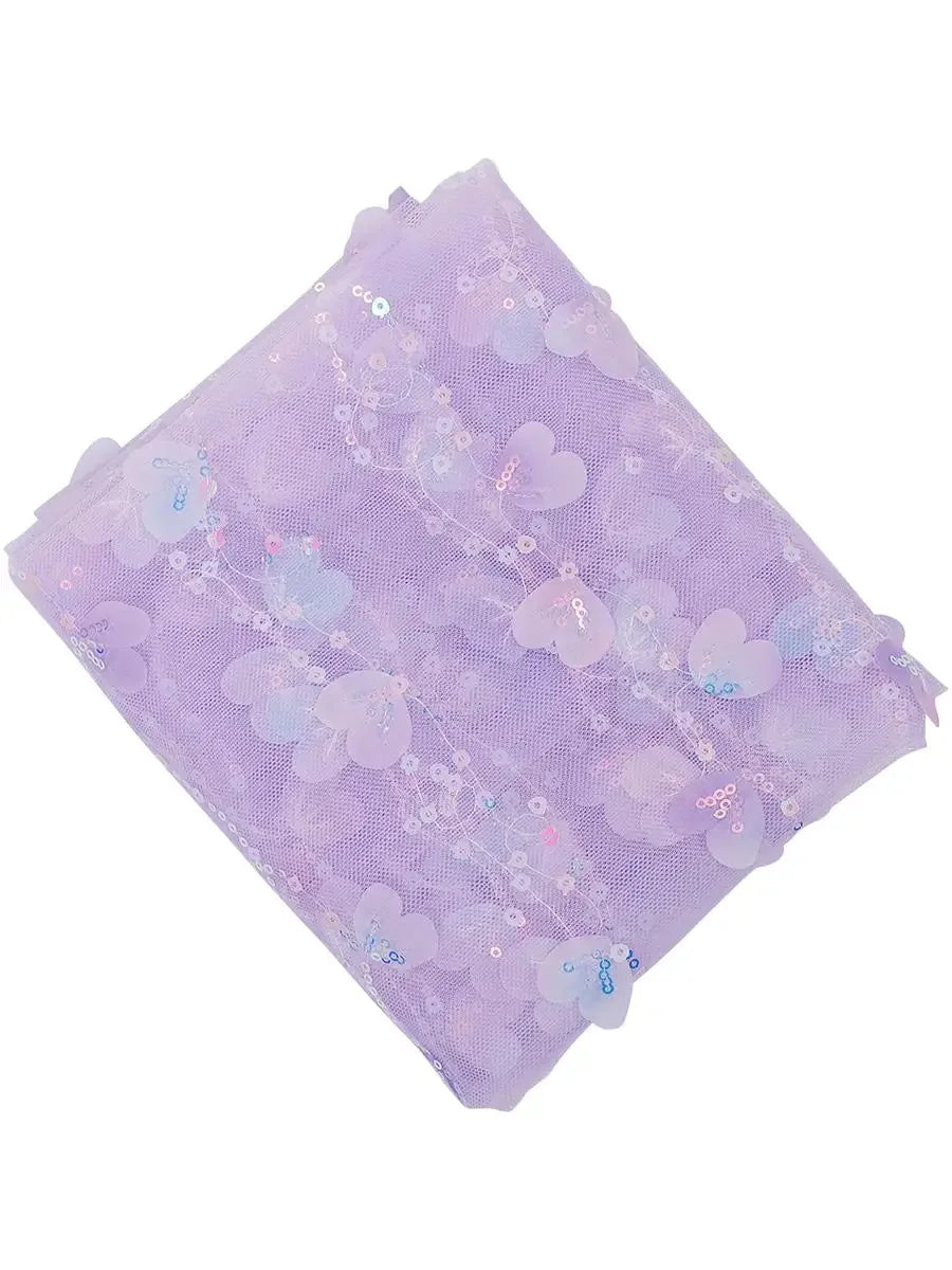 Tela de malla bordada colorida en forma de corazón 3D con lentejuelas a rayas para confección de vestidos y vestuario de espectáculos.