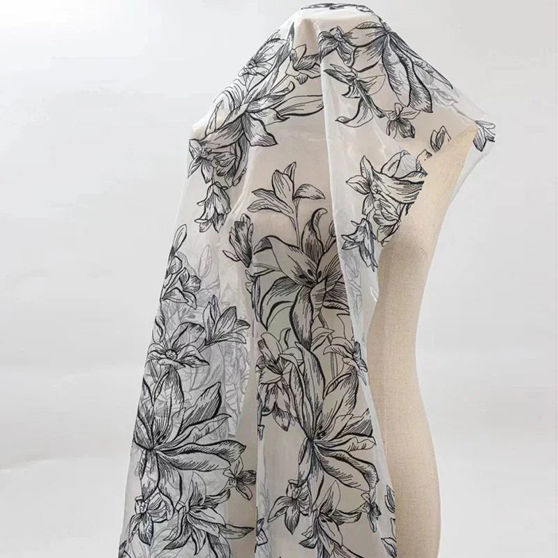 White Lily Embroidered Chiffon Lace Fabric - Elegant Material 130cm