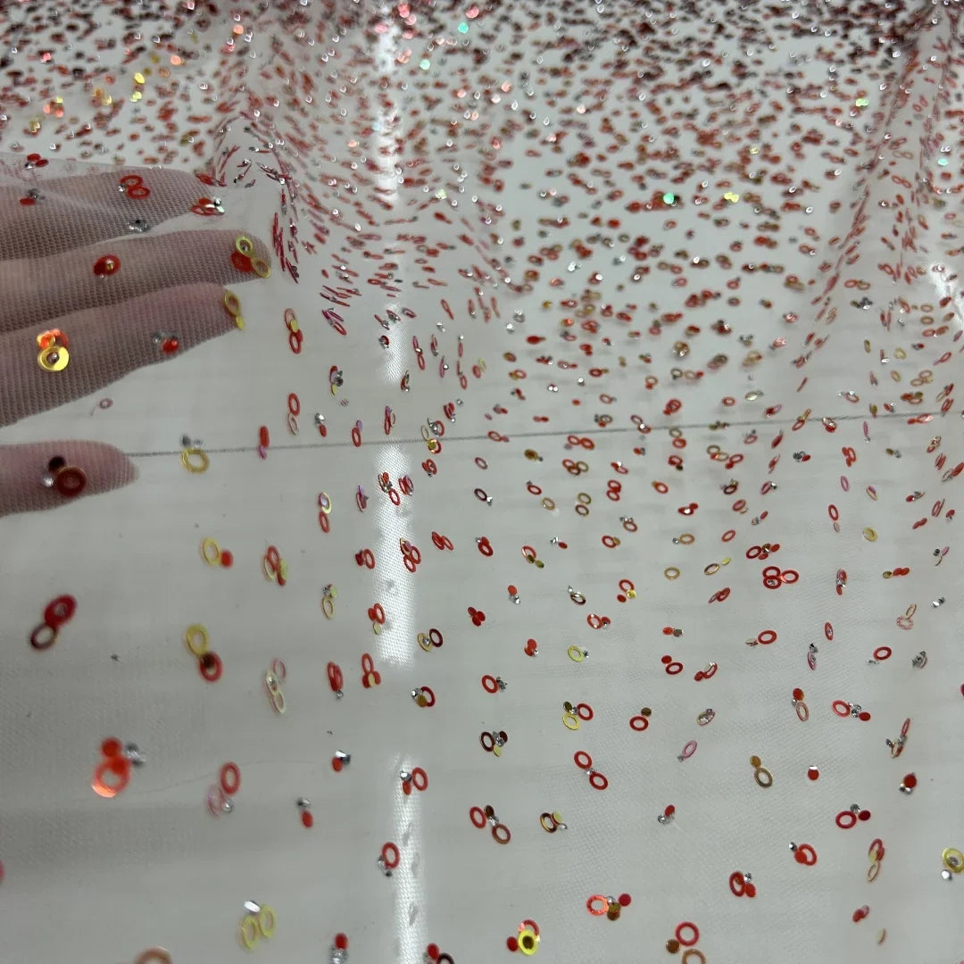 Red Sequin Mesh Fabric - Evening Dress Wedding Gown Party Couture Material