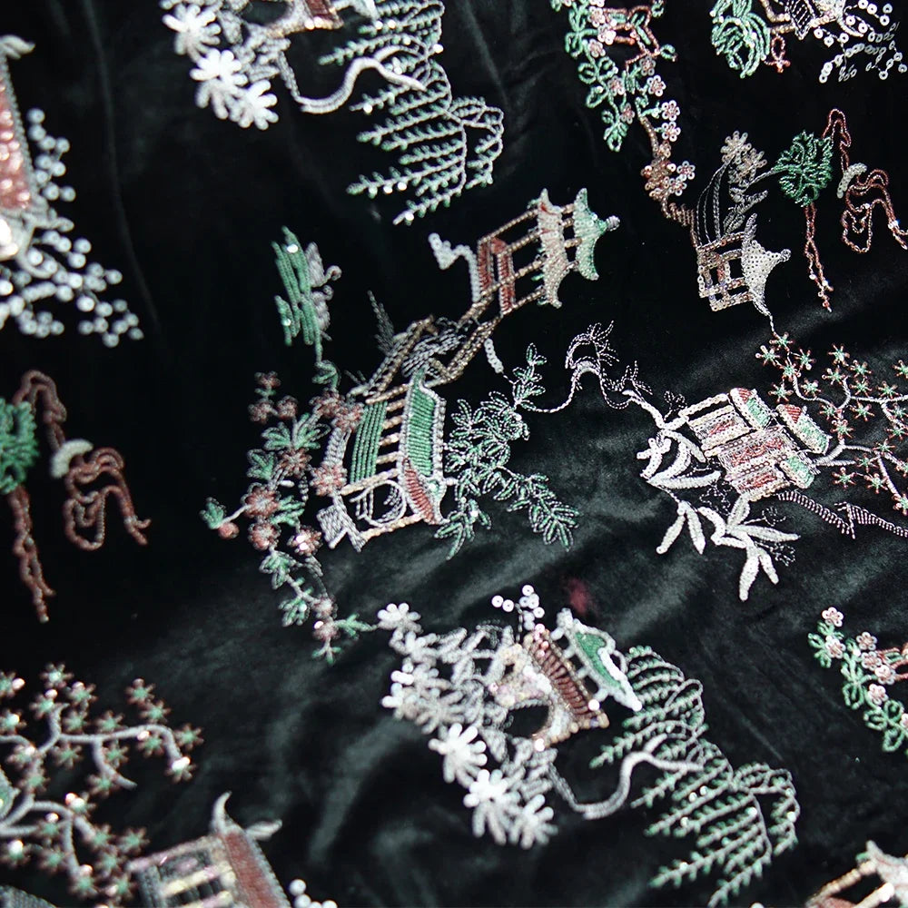 قماش شبكي مطرز بالترتر الأسود من أزهار الكرمة لفساتين شيونغسام الرسمية، مصنوع من مادة الدانتيل الملونة الأنيقة