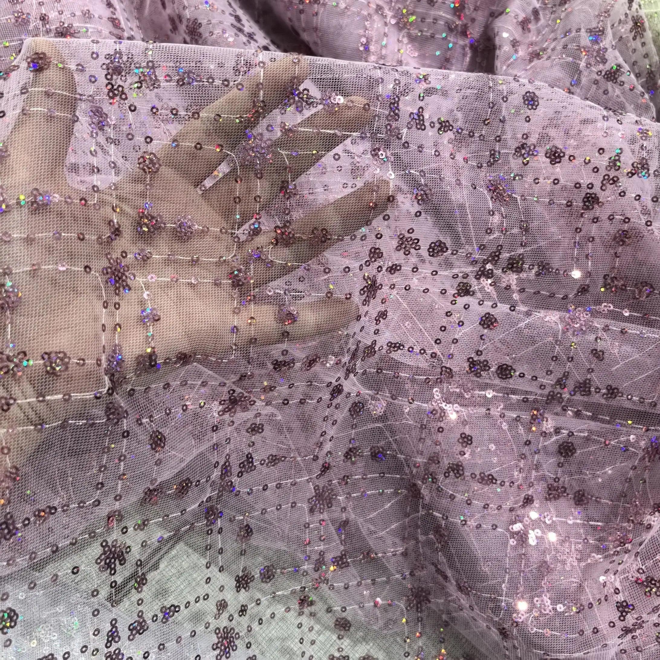 Crystal net lace iridescent silver glitter fabric for princess dress shiny embroidery bright silk mesh fabric for  costume DIY