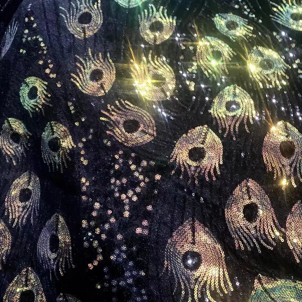 Tela de encaje bordado de terciopelo brillante con plumas de pavo real para vestidos de novia, vestidos de actuación, rollo de tela brillante para manualidades.