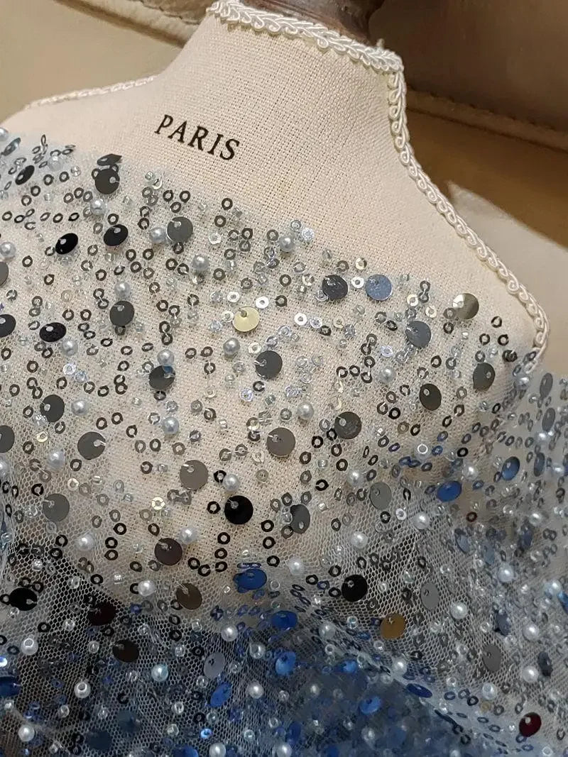 1.5m Wide Encryption Various colors Bead Embroidery Sequin Mesh Lace Fabric for Wedding Dresses Stage Clothing