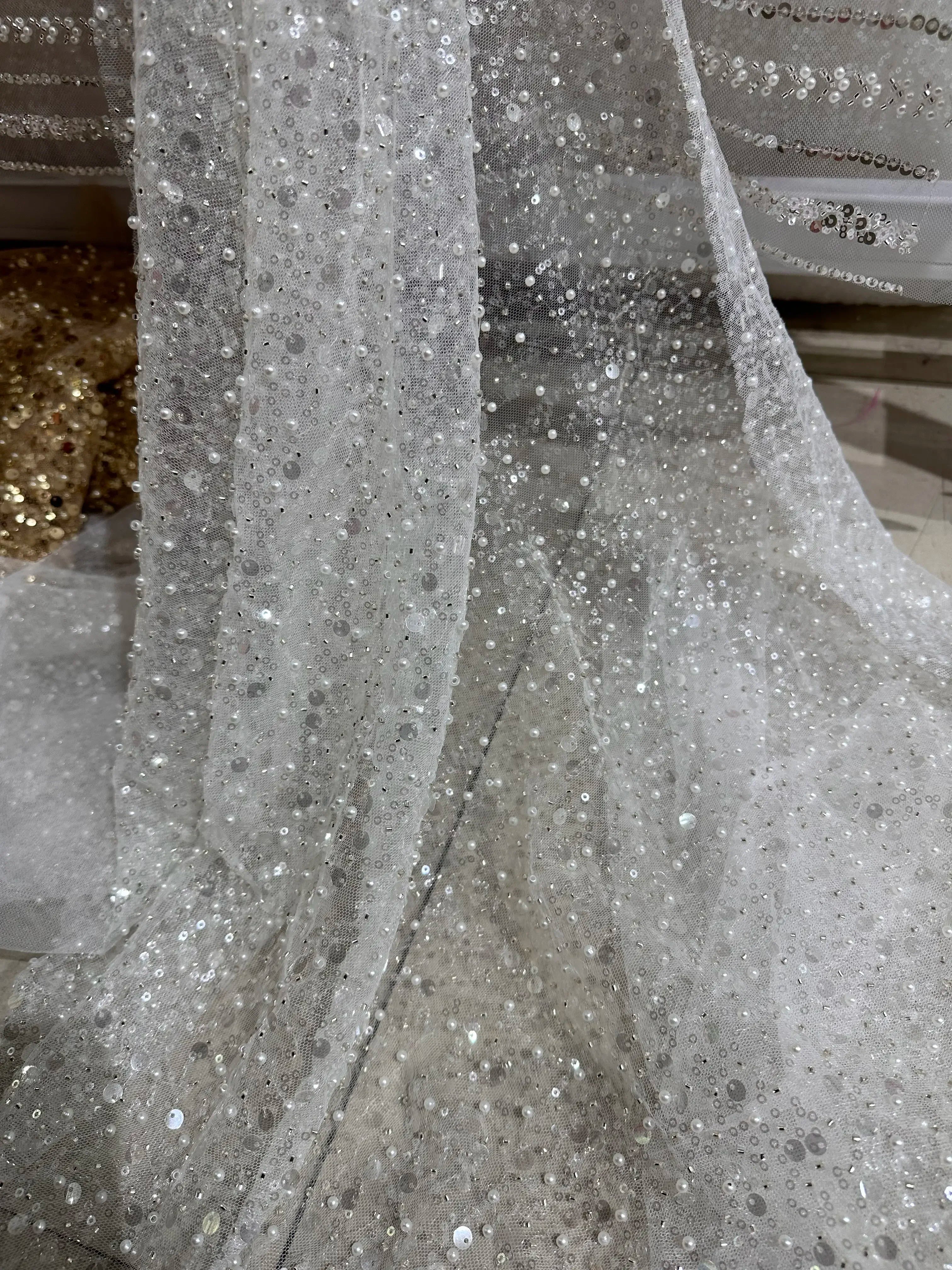 Gold Purple Red Embroidery Sequins Nail Bead Fabric Sewing Playing Dress Children's Clothing Transparent Mesh Fabric