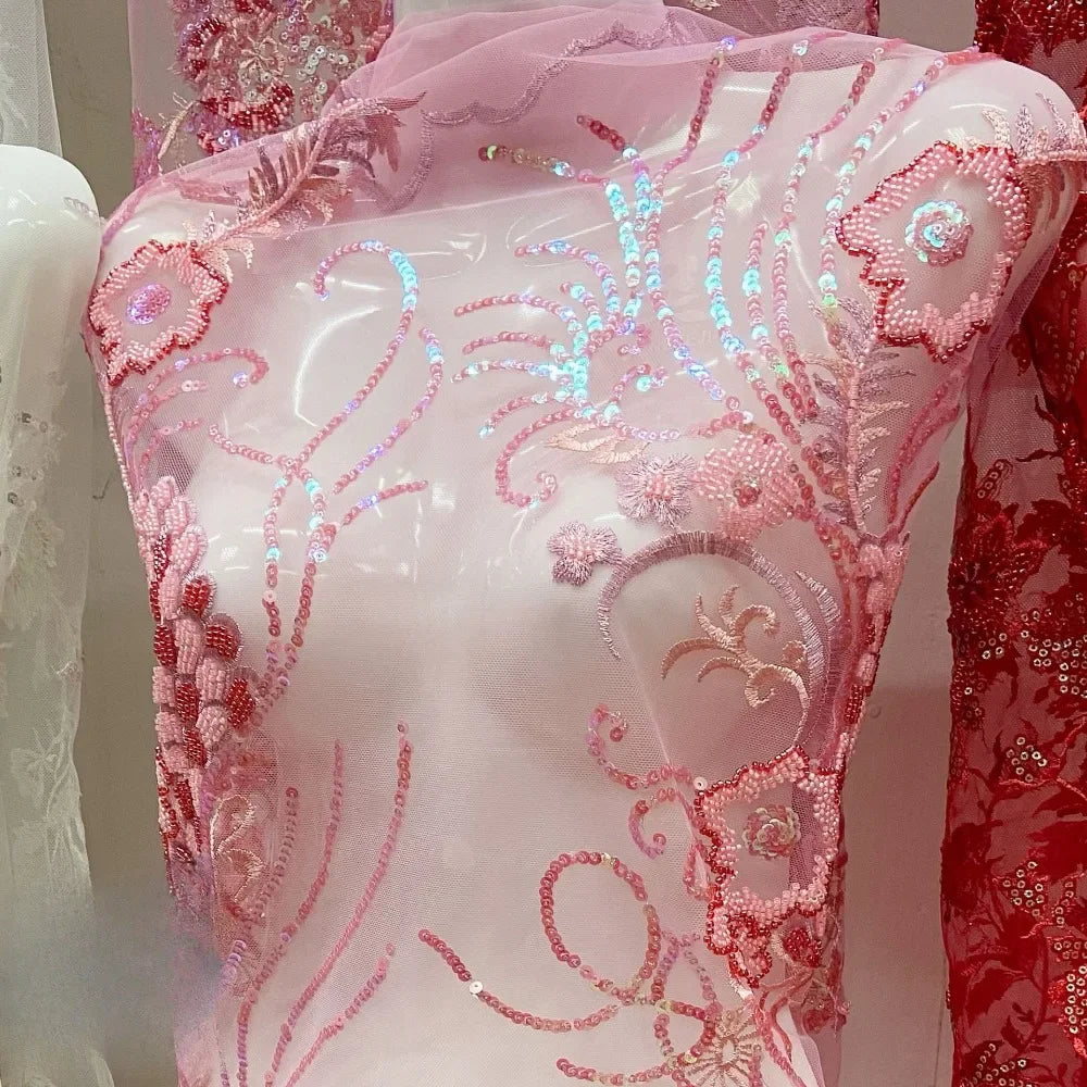 Multi Colored Flowers And Birds Super Dense Super Shiny Beautiful Embroidery Lace Beads Sequins Wedding Dress Banquet Fabric