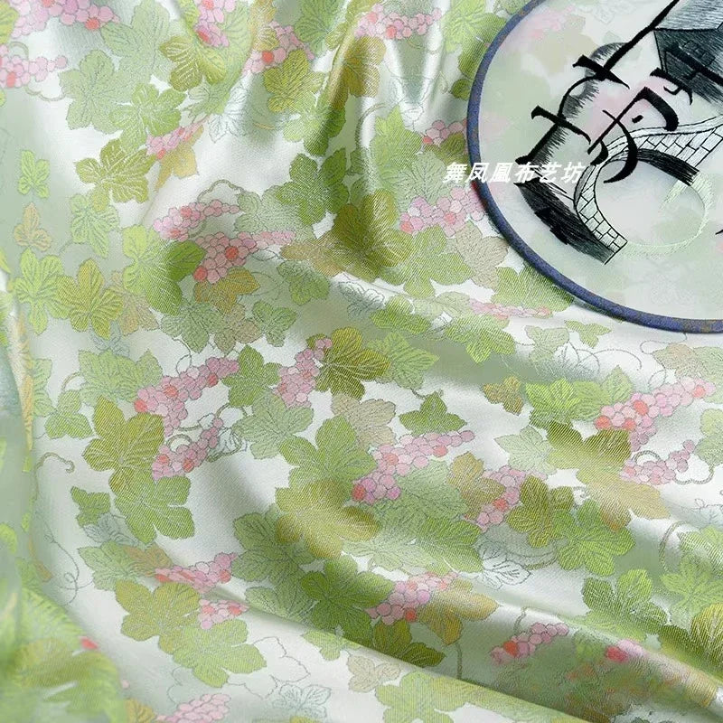 Light Green Glossy Grape Pattern Woven Brocade Jacquard Fabric Sewn Cheongsam Jacket Vest Designer Silk Fabric