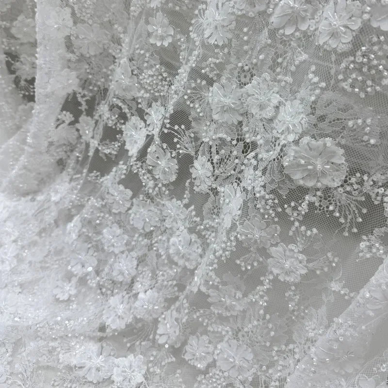 Tela de encaje con bordado de flores y lentejuelas de alta gama para coser vestidos de novia y de noche, malla transparente de encaje DIY