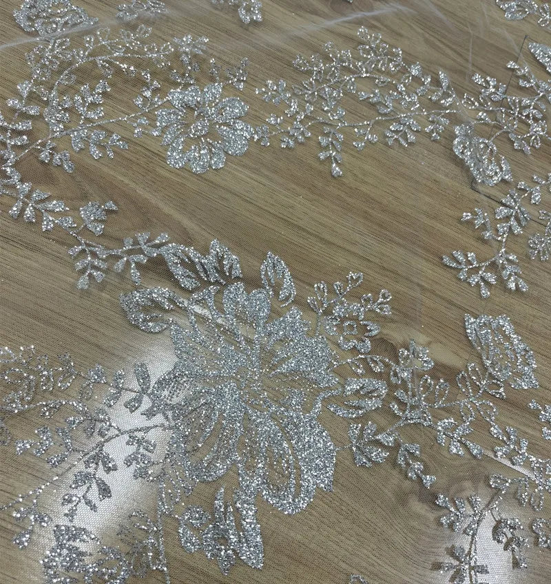 New shiny big flower hot silver powder glitter fabric for wedding dresses, lace transparent mesh accessories, yarn fabric